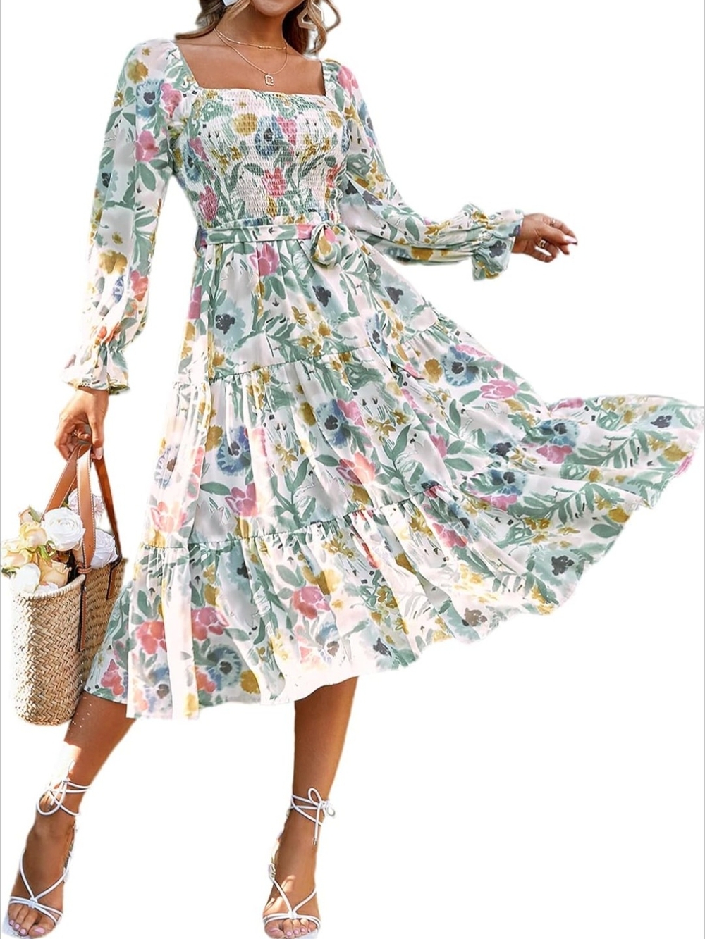 EUC Womens Large Floral Boho Flowy Long Sleeve Square Neck Smocked Midi Dress